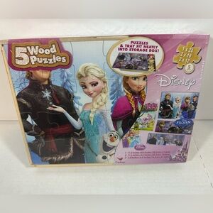 New DISNEY "FROZEN"  5 WOOD PUZZLES IN WOOD STORAGE BOX CARDINAL